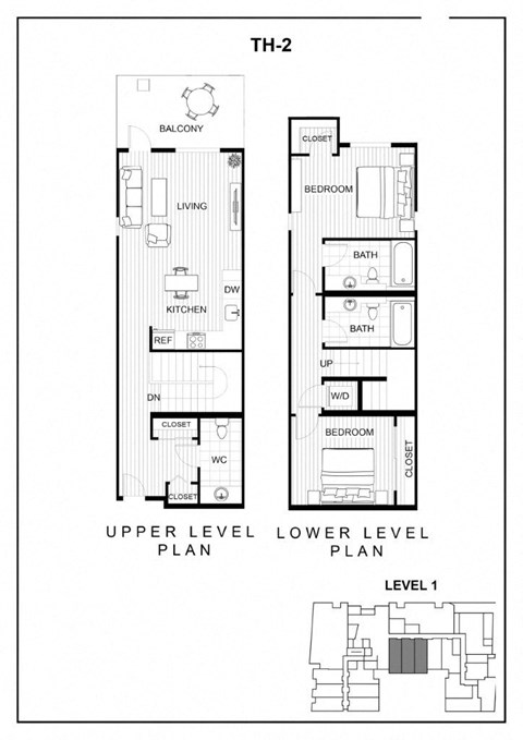 Floor plan for 2 beds, 2.5 baths, 1106 sqft